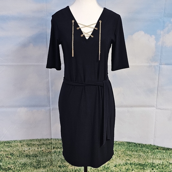 MSK | GOLD CHAIN EMBELLISHED HIGH ELBOW SLEEVE KNEE LENGTH DRESS - Picture 3 of 16